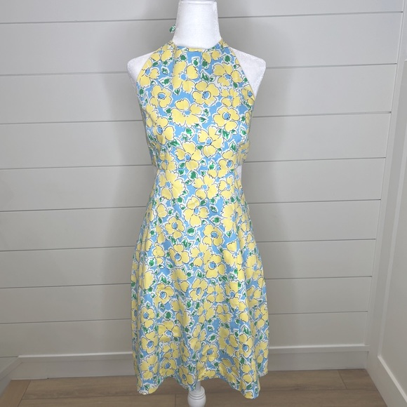 NWT Zara Cut Out Halter Mini-Dress Blue and Yellow Floral - Picture 2 of 5